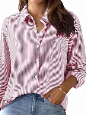 Striped Button Down Shirt in Red & White Large